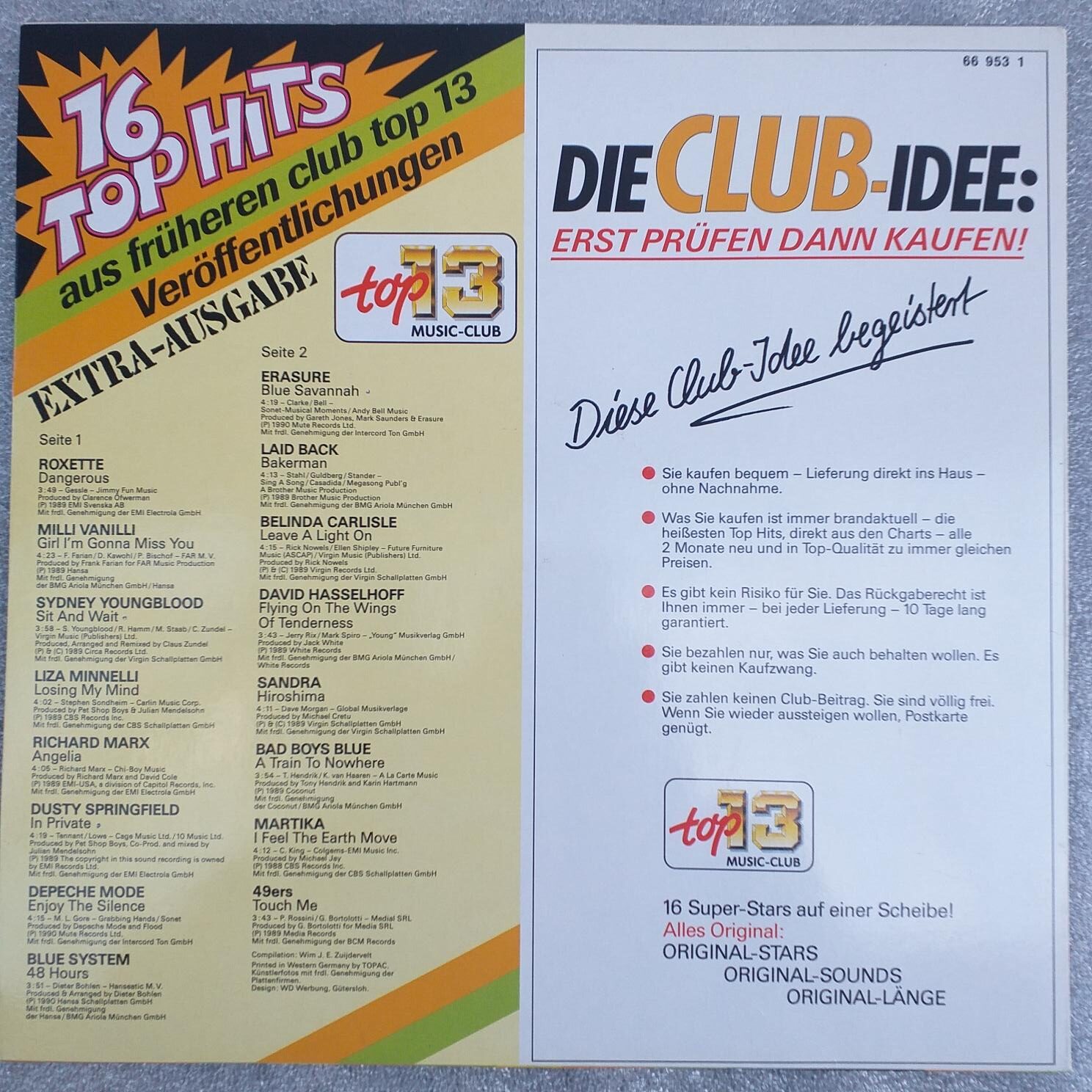 Roxette, Milli Vanilli, Depeche Mode, Blue System, Erasure ...Disc VINIL LP VG+ 1990 - 16 Top-Hits Extra - Bad Boys Blue, Layd Black, Berlinda Carlisle - imagine 2