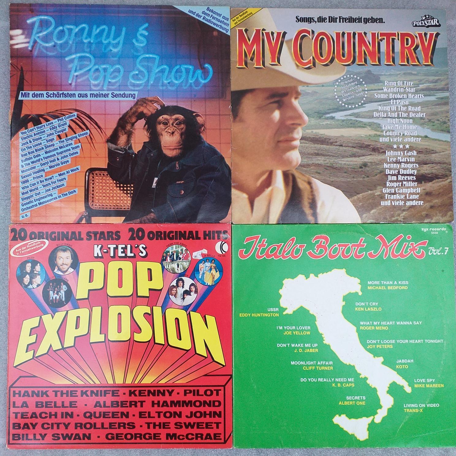 Mike Mareen, Koto, ken Laszlo Disc VINIL 4 LP VG VG+ compilatie Italo Boot Mix - Country - Ronny’s Pop Show - Pop explosion- Johnny Cash, Eddy Grant, Saga , Toto, Phil Collins, Prince ....