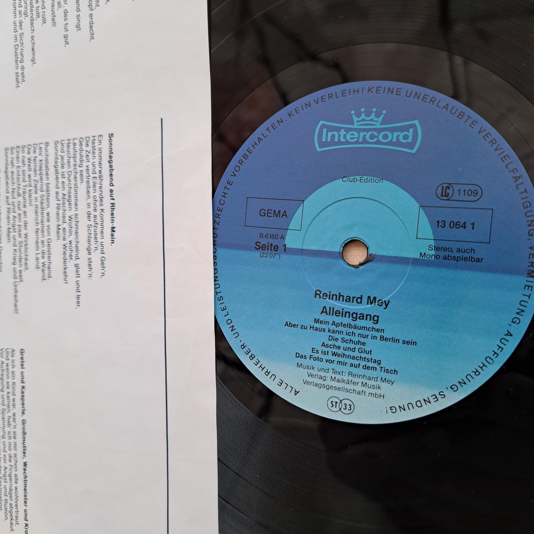 Reinhard Mey – Alleingang Disc VINIL LP VG+ - imagine 3