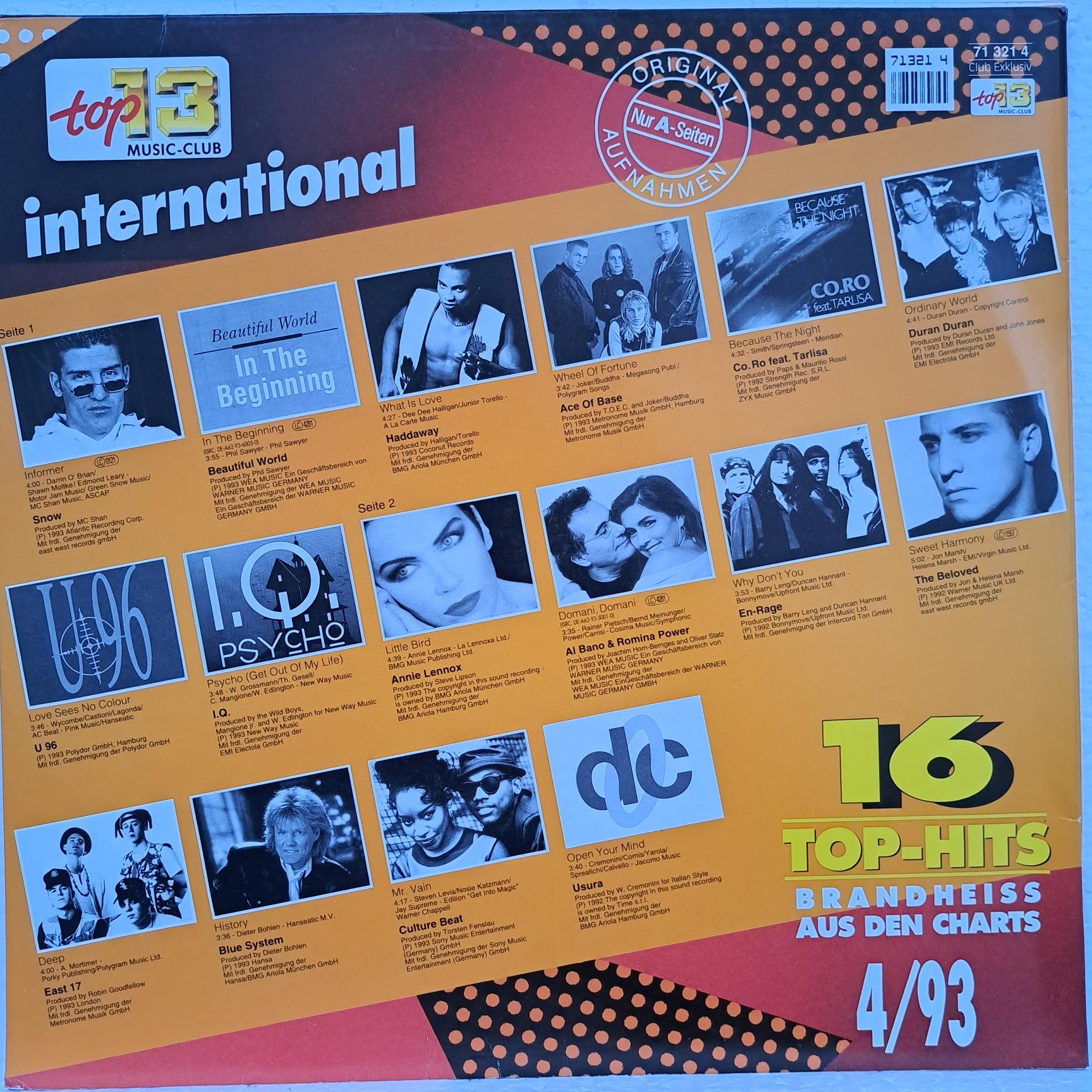 Haddaway – Blue System – Culture Beat – Snow – Ace Of Base – U.S.U.R.A. – Co.Ro. – U 96 – Annie Lennox 16 Top-Hits International 4/93 Disc VINIL LP VG - - imagine 3