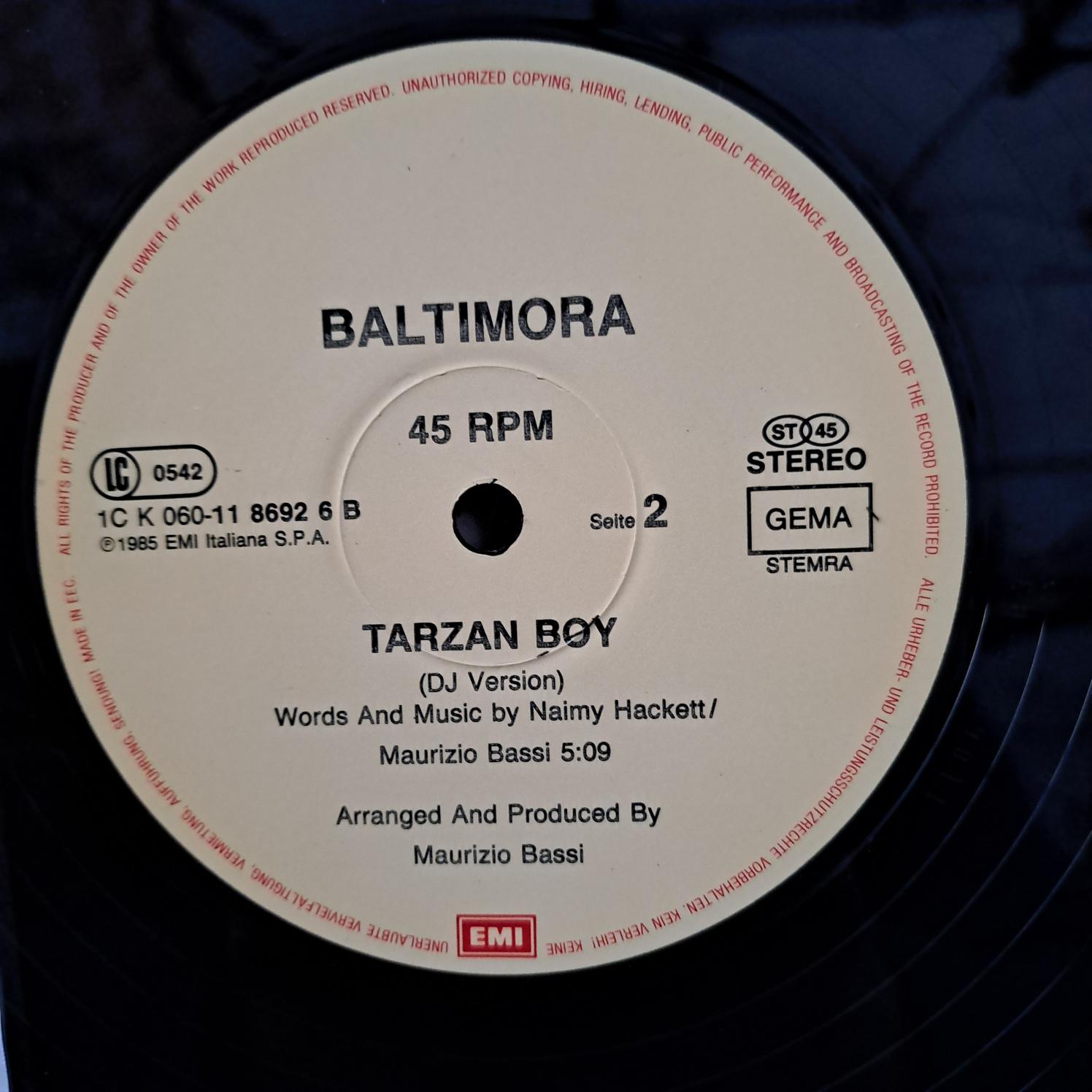 Baltimora – Tarzan Boy (Extended Version) Disc VINIL maxi VG+ - imagine 2