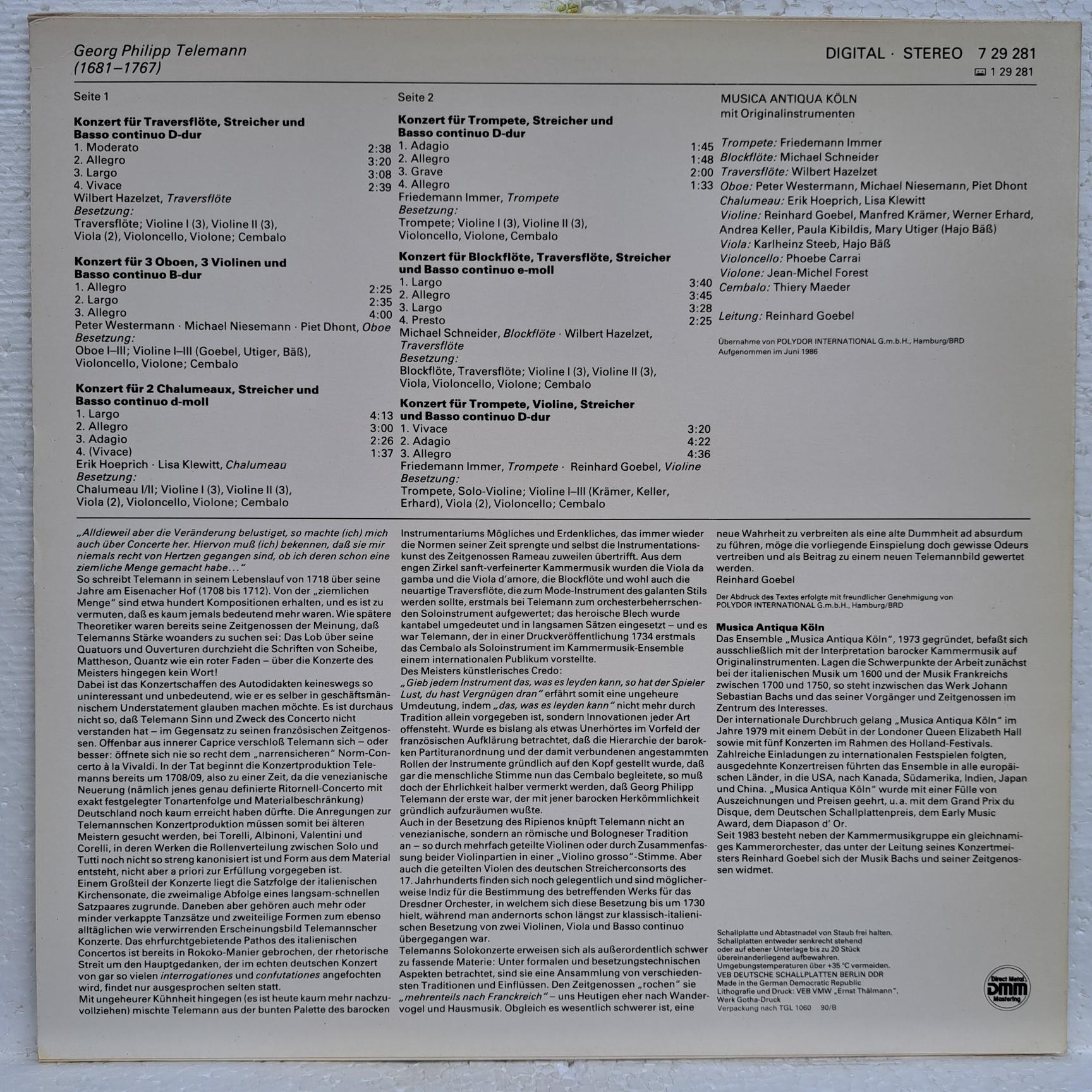 Telemann*, Musica Antiqua Köln, Reinhard Goebel – Bläserkonzerte = Wind Concertos = Concertos Pour Instruments À Vent Disc VINIL LP VG+ (box5) - imagine 3