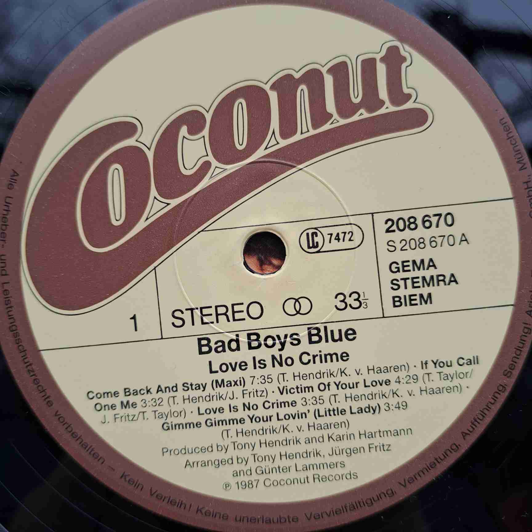 Bad Boys Blue – Love Is No Crime Disc VINIL LP VG+ (BOX5) - imagine 3