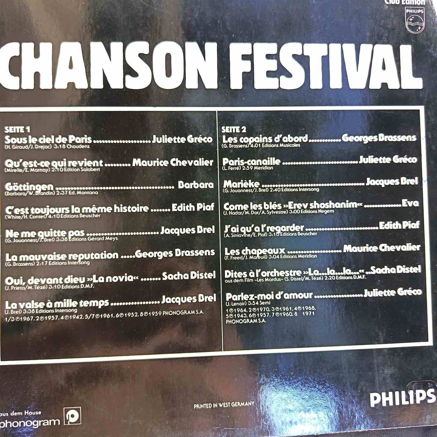 Chanson Festival - Edith Piaf, Jacques Brel, Juliette Gréco, Georges Brassens - Disc VINIL LP VG VG+ - imagine 3